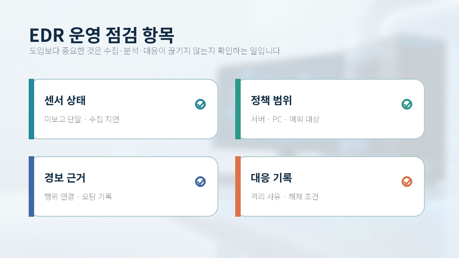 EDR 운영의 센서·정책·경보·대응 점검 항목을 정리한 한국어 이미지