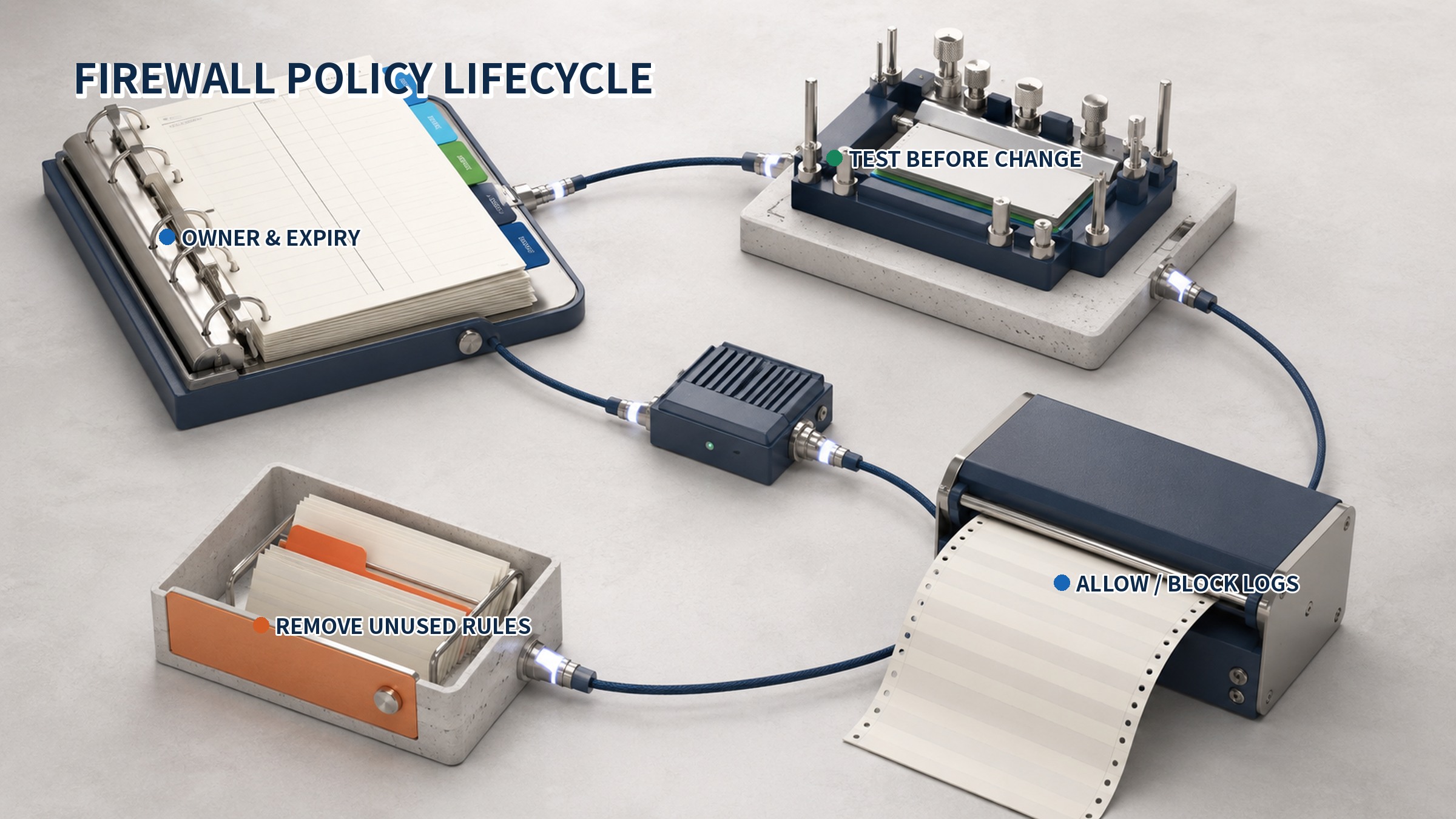 Firewall policy lifecycle covering ownership, testing, logs, and rule removal
