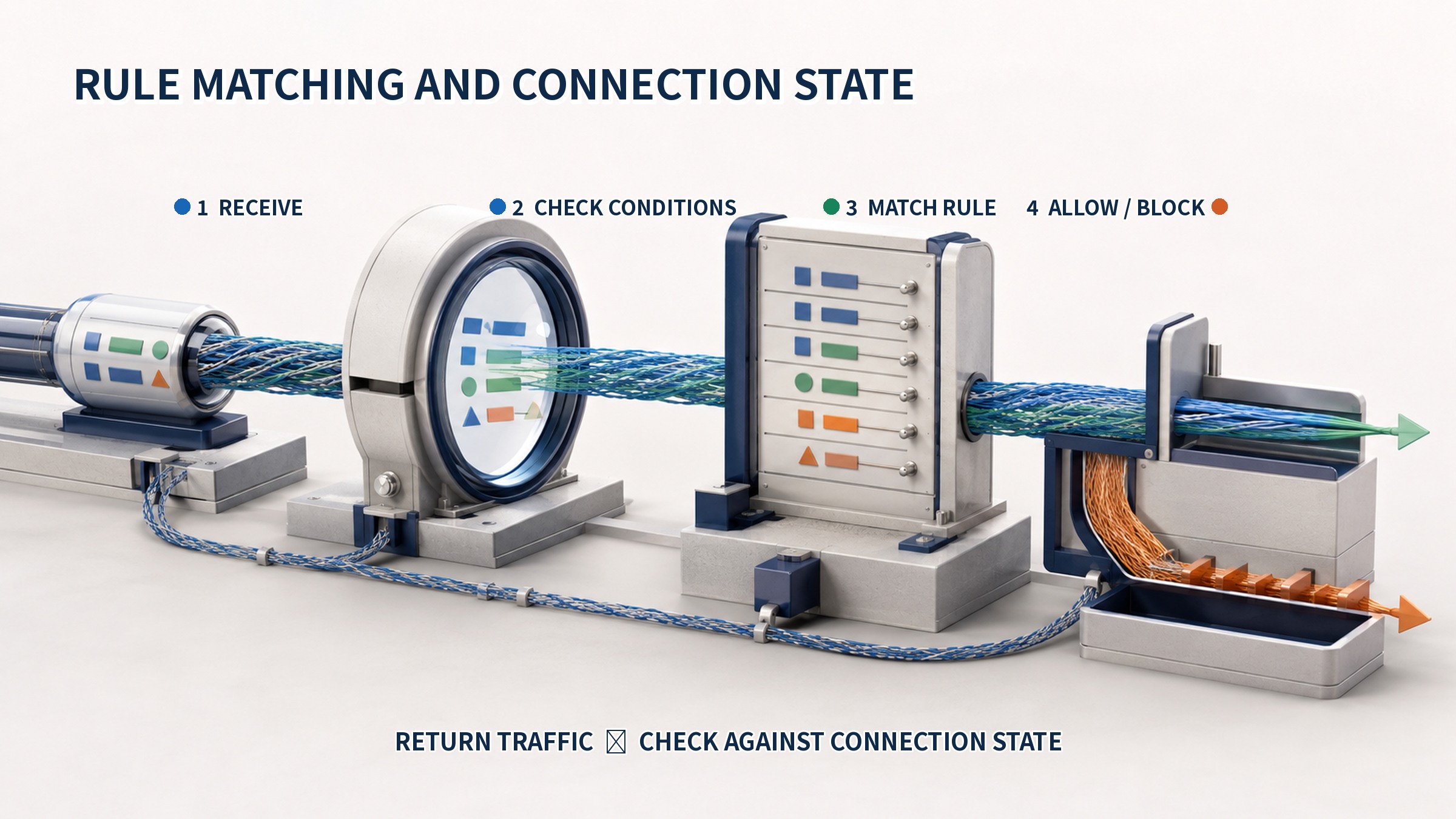 Firewall decision flow from traffic receipt through rule matching to allow or block