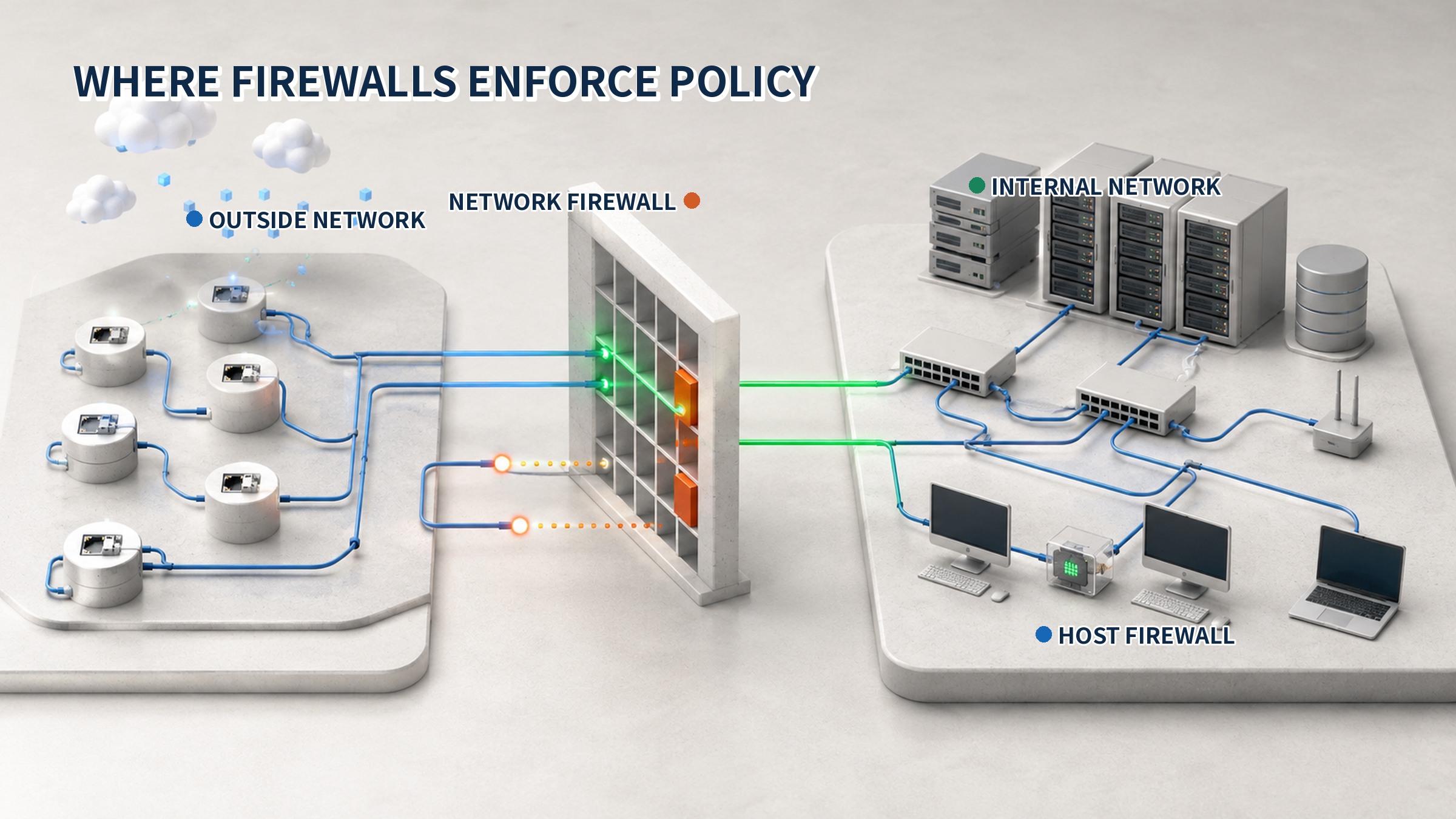 Placement of outside network, network firewall, internal network, and host firewall