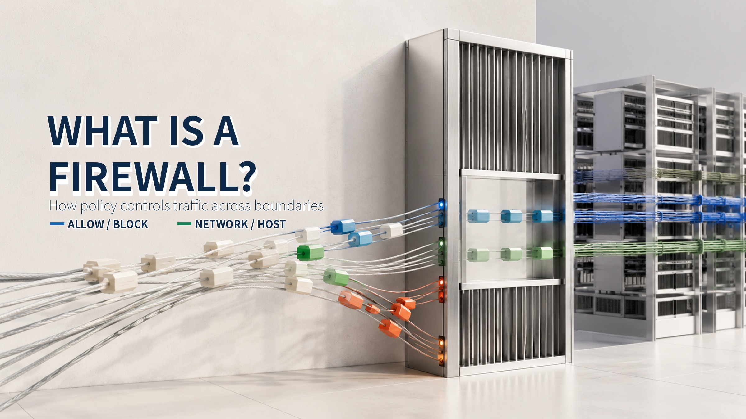 Firewall concept illustration showing traffic allowed or blocked at a network boundary