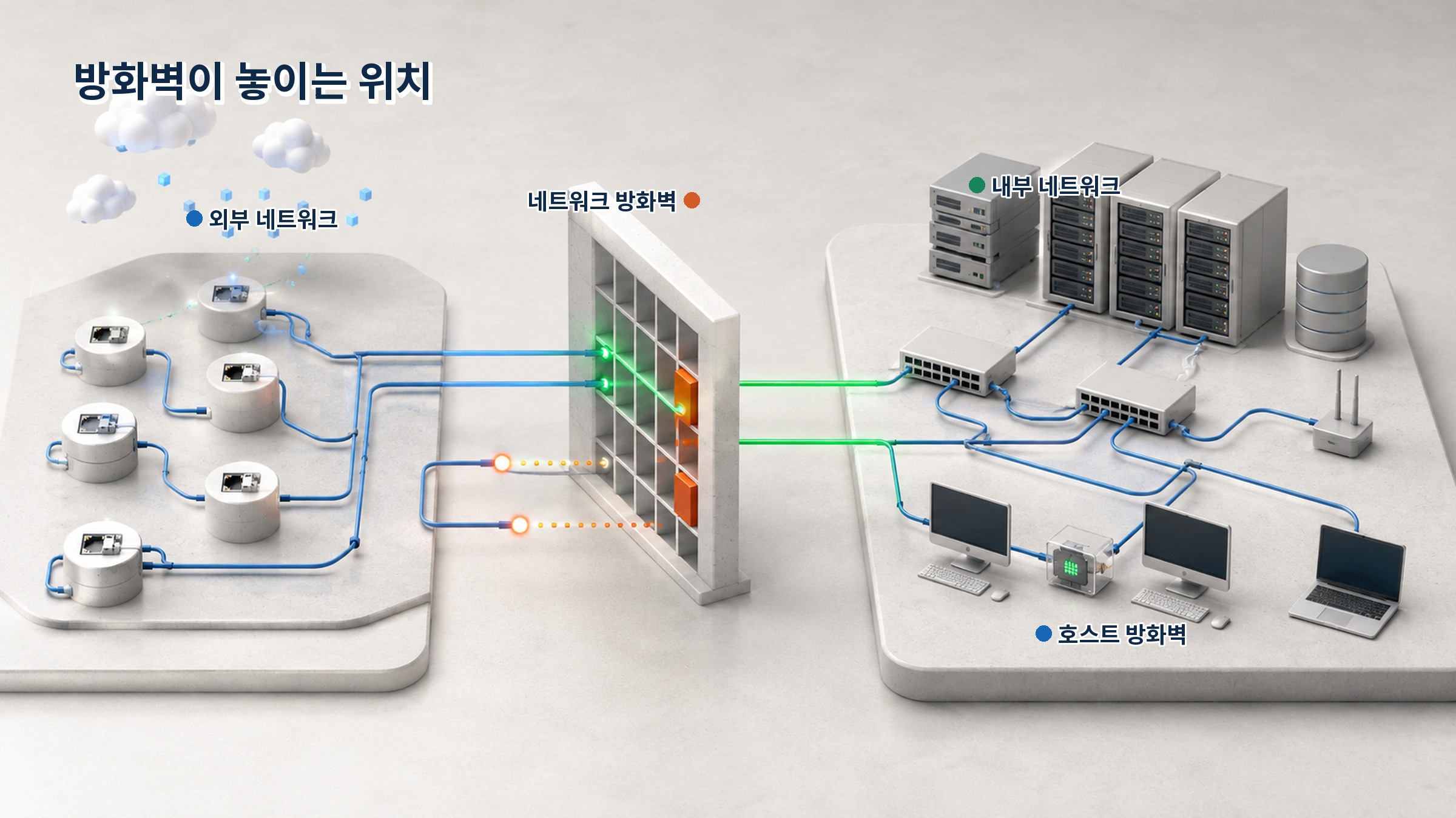 외부 네트워크, 네트워크 방화벽, 내부 네트워크, 호스트 방화벽의 배치
