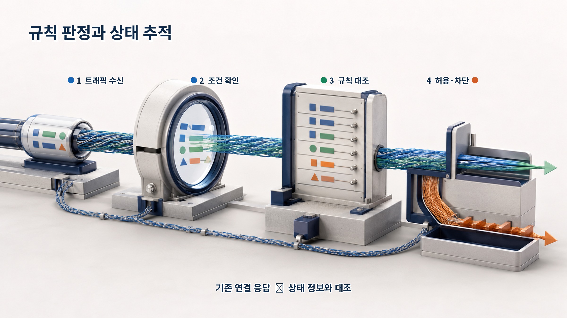 트래픽 수신, 조건 확인, 규칙 대조, 허용·차단의 방화벽 판정 흐름