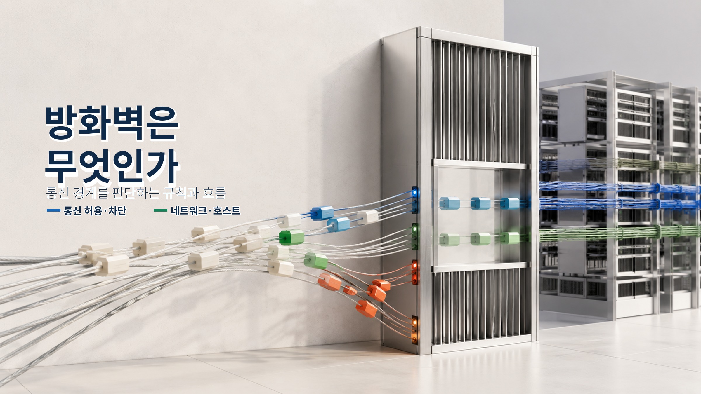 네트워크 경계에서 통신을 허용하거나 차단하는 방화벽 개념 이미지