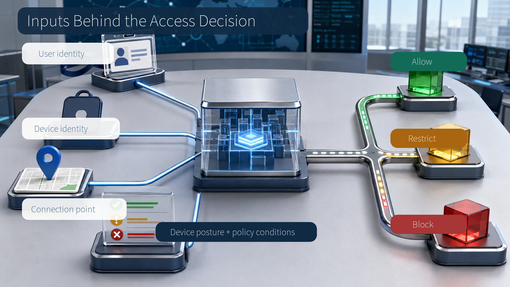 User identity, device identity, connection point, and device posture feed an NAC decision that allows, restricts, or blocks access