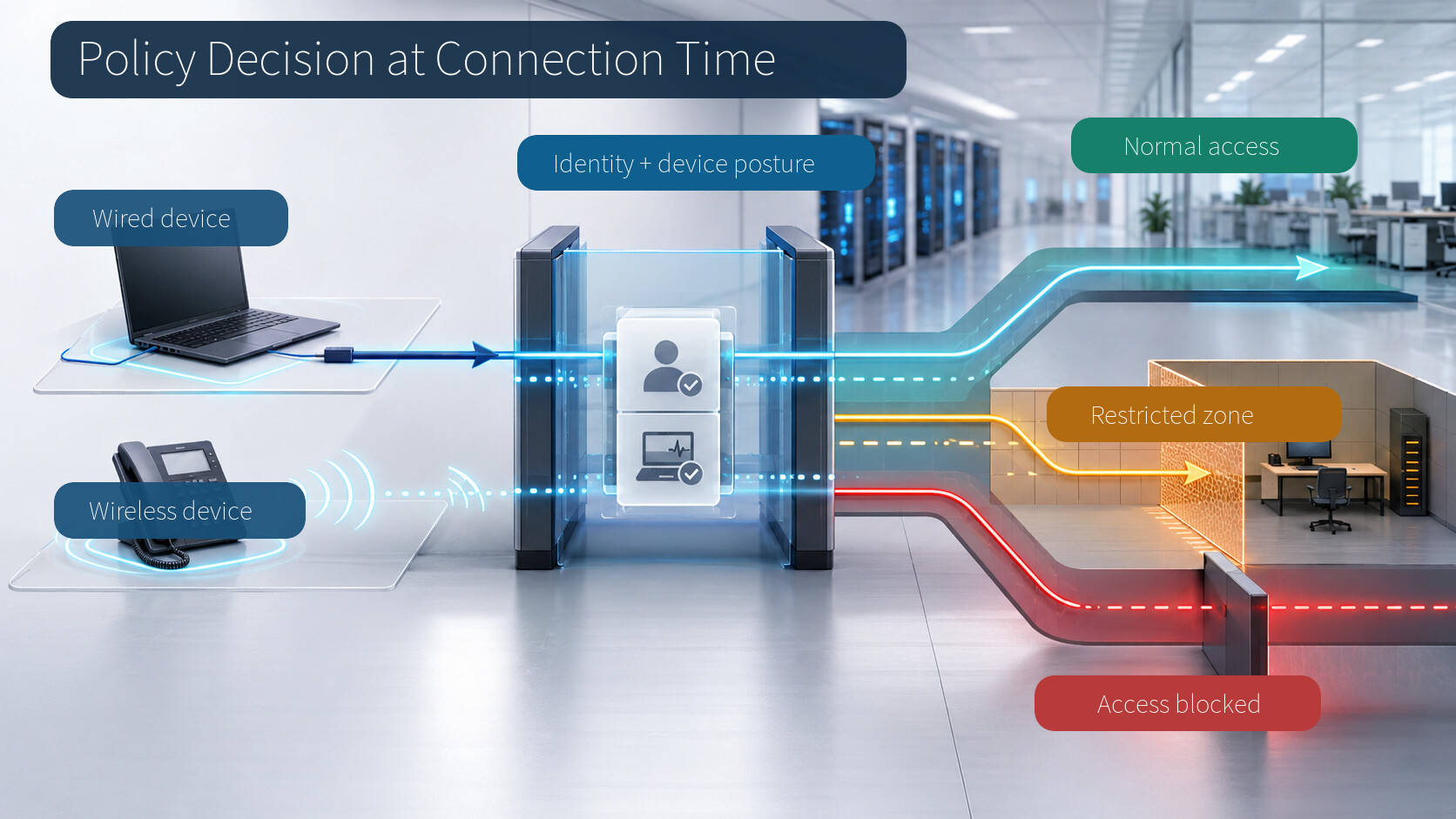A wired device and a wireless device pass through identity and posture checks before normal access, a restricted zone, or blocked access