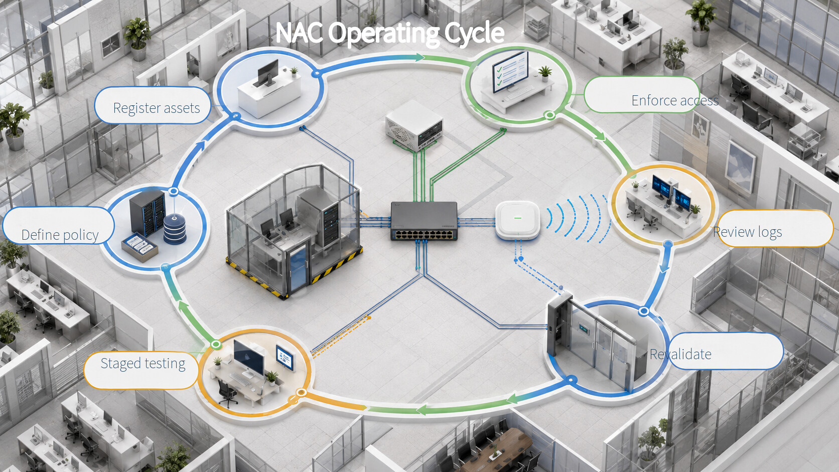 NAC operating cycle covering asset registration, policy definition, staged testing, access enforcement, log review, and periodic revalidation