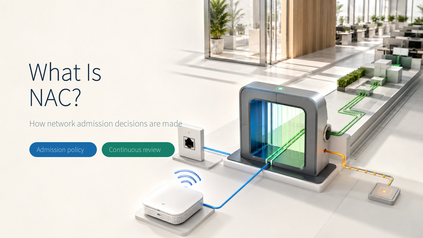 Editorial illustration of a NAC gate evaluating wired and wireless network access