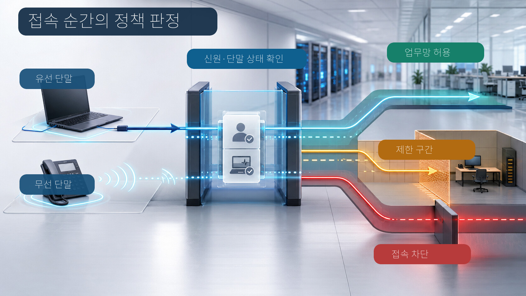 유선과 무선 단말의 접속 요청이 신원과 단말 상태 확인을 거쳐 업무망 허용, 제한 구간, 접속 차단으로 나뉘는 NAC 흐름
