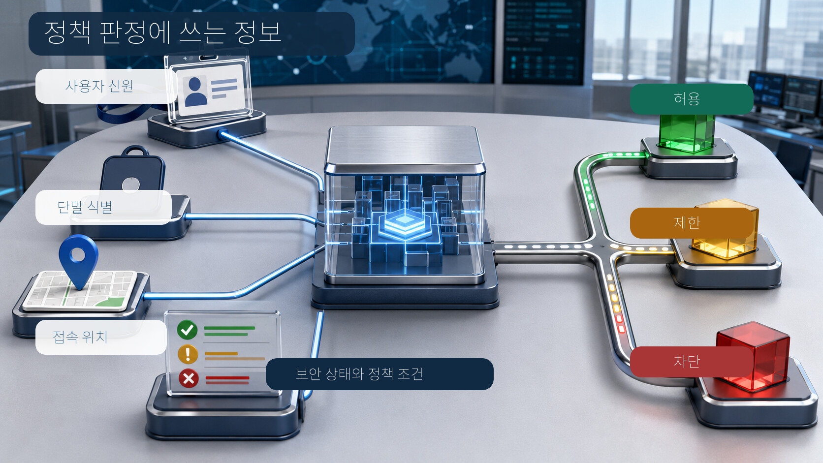 사용자 신원, 단말 식별, 접속 위치, 보안 상태와 정책 조건이 허용, 제한, 차단 결정으로 이어지는 NAC 정책 구조