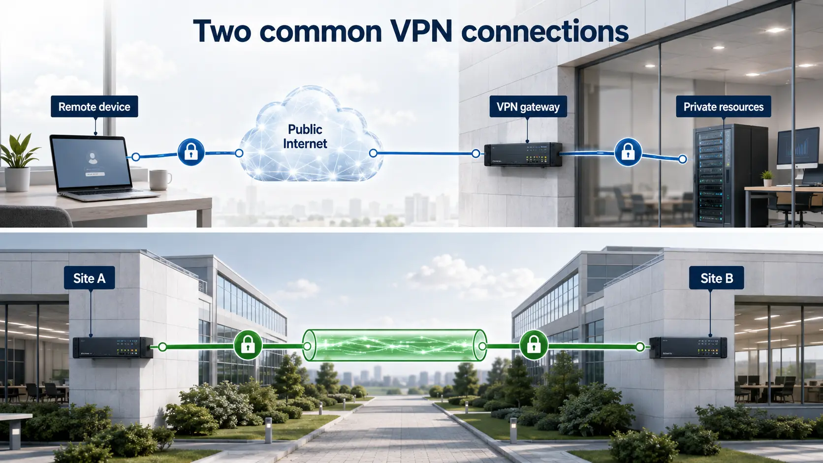 Two VPN placements for remote access and site-to-site connections