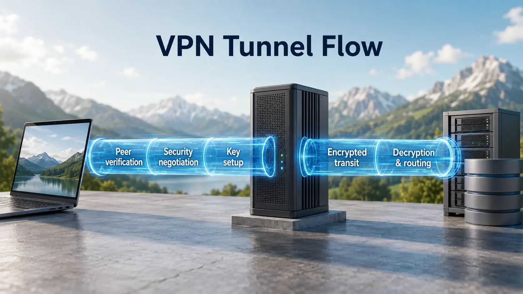 VPN tunnel flow from peer verification through encrypted transport and internal routing