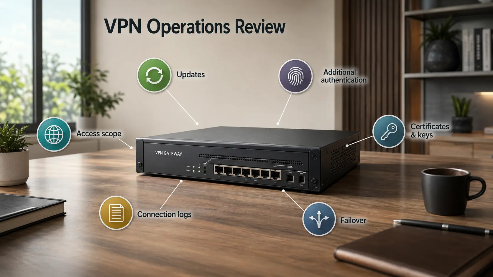 VPN operations checks for updates, authentication, keys, access scope, logs, and failover