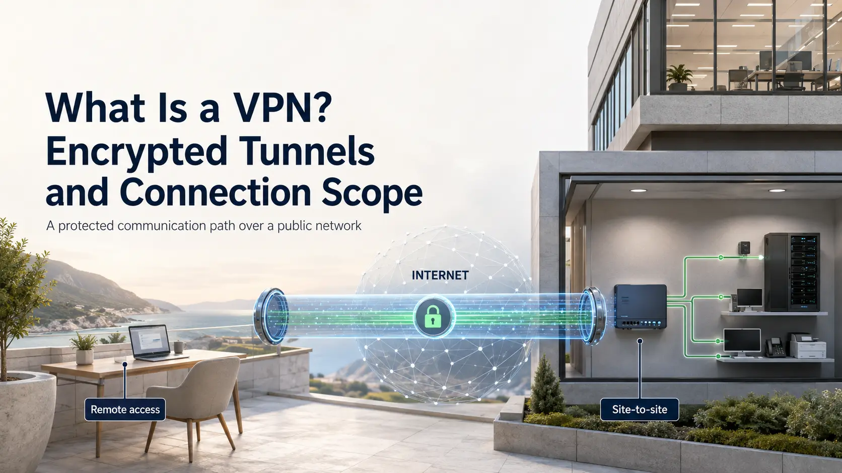 VPN concept connecting a remote device and private network through an encrypted tunnel