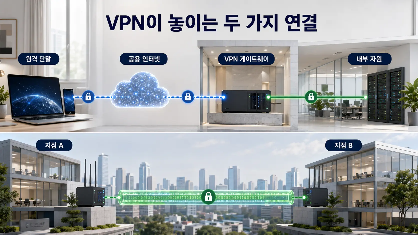 VPN의 원격 접속과 지점 간 연결이 놓이는 두 가지 구조
