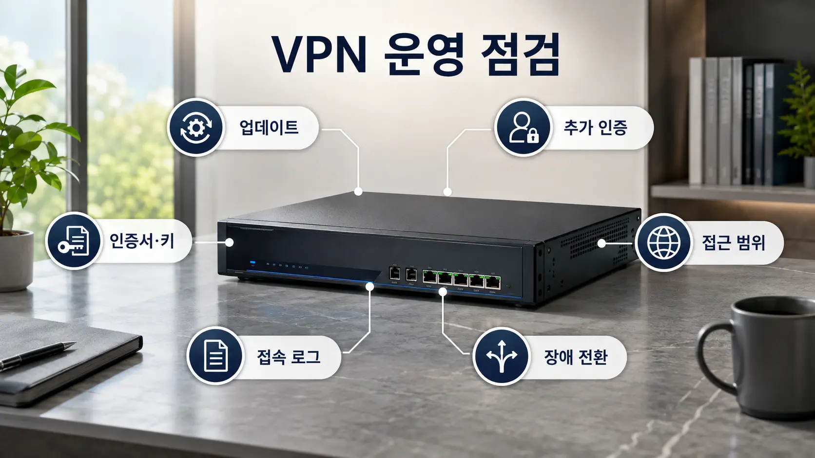업데이트·추가 인증·인증서와 키·접근 범위·접속 로그·장애 전환을 보여주는 VPN 운영 점검