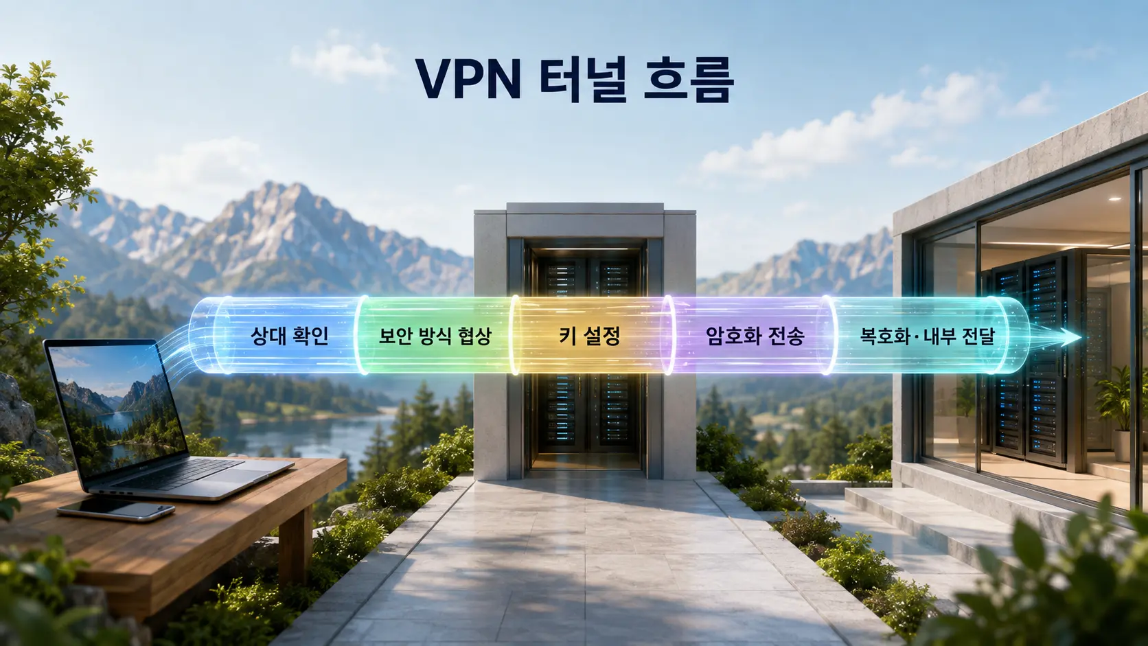 상대 확인부터 암호화 전송과 내부 전달까지의 VPN 터널 흐름