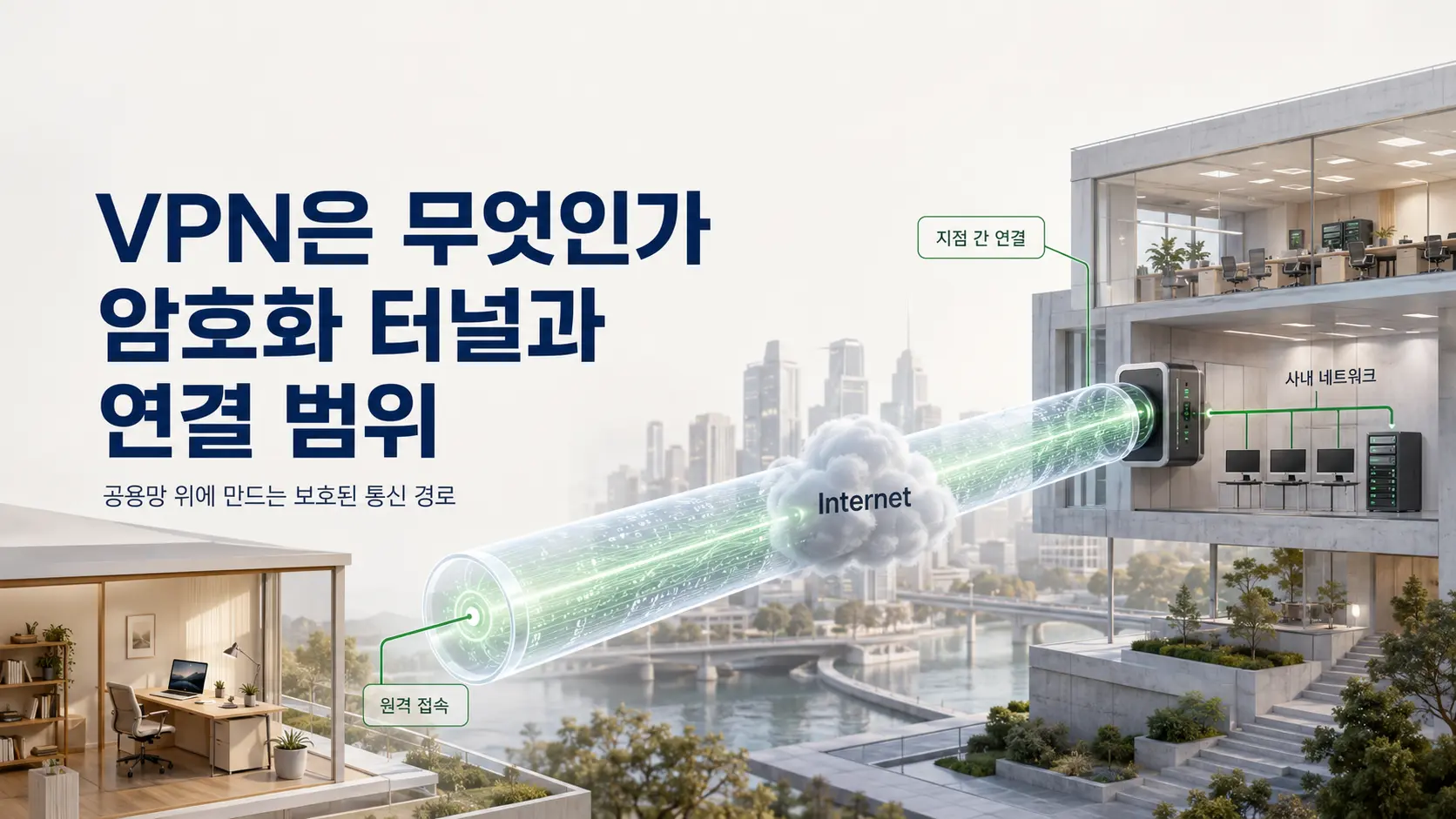 공용망 위의 암호화 터널로 원격 단말과 사내망을 연결하는 VPN 개념