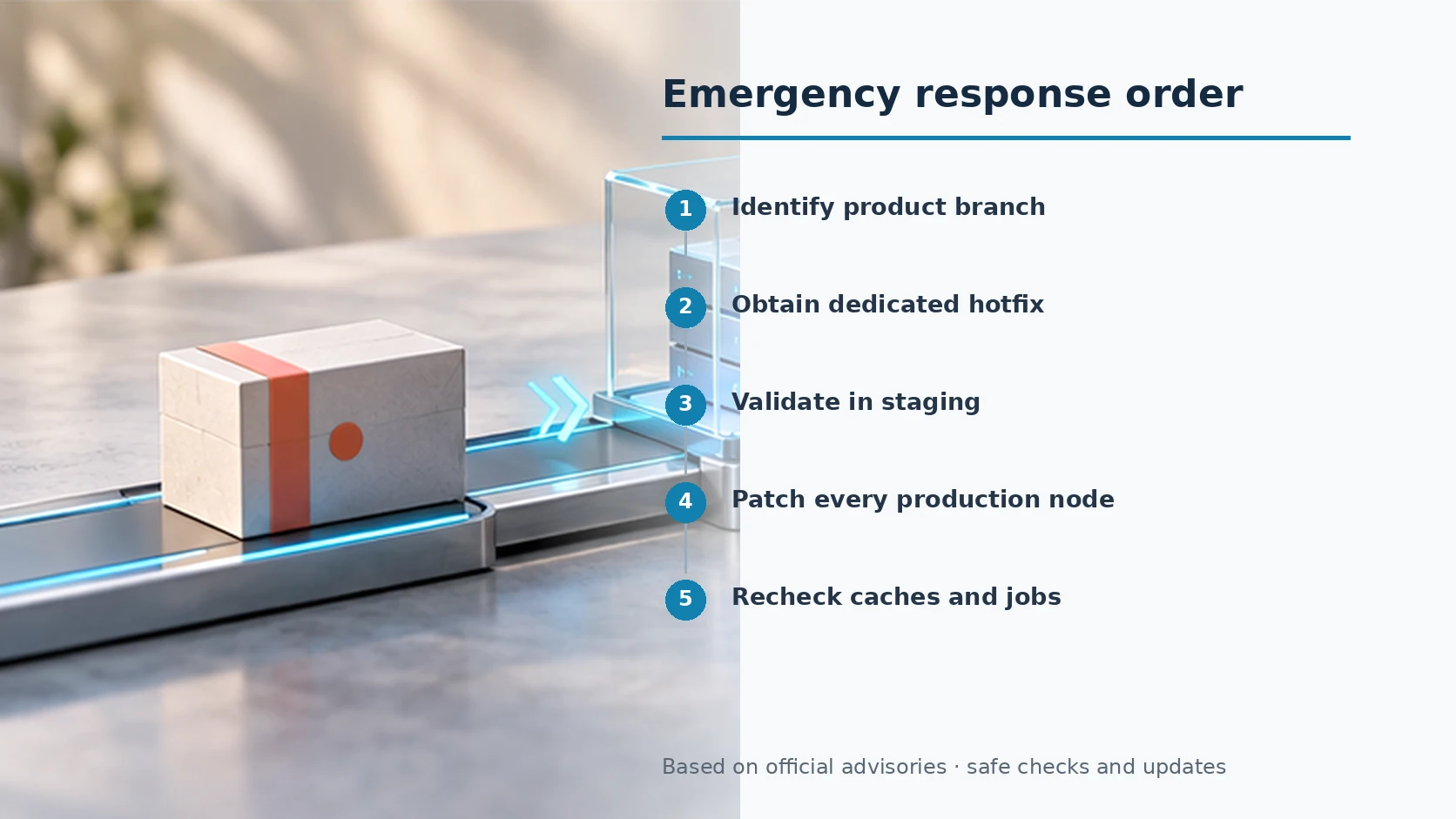 Five response stages from identifying Adobe Commerce product lines to validating caches and jobs