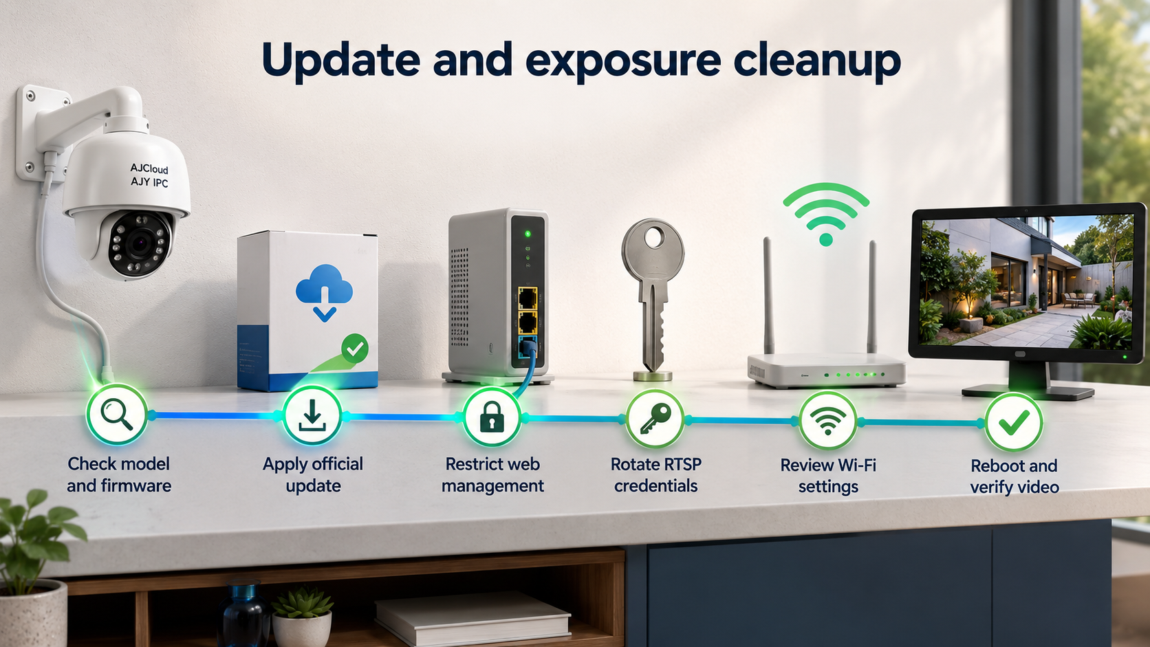 AJCloud AJY IPC update, web management, RTSP, Wi-Fi, and video verification sequence
