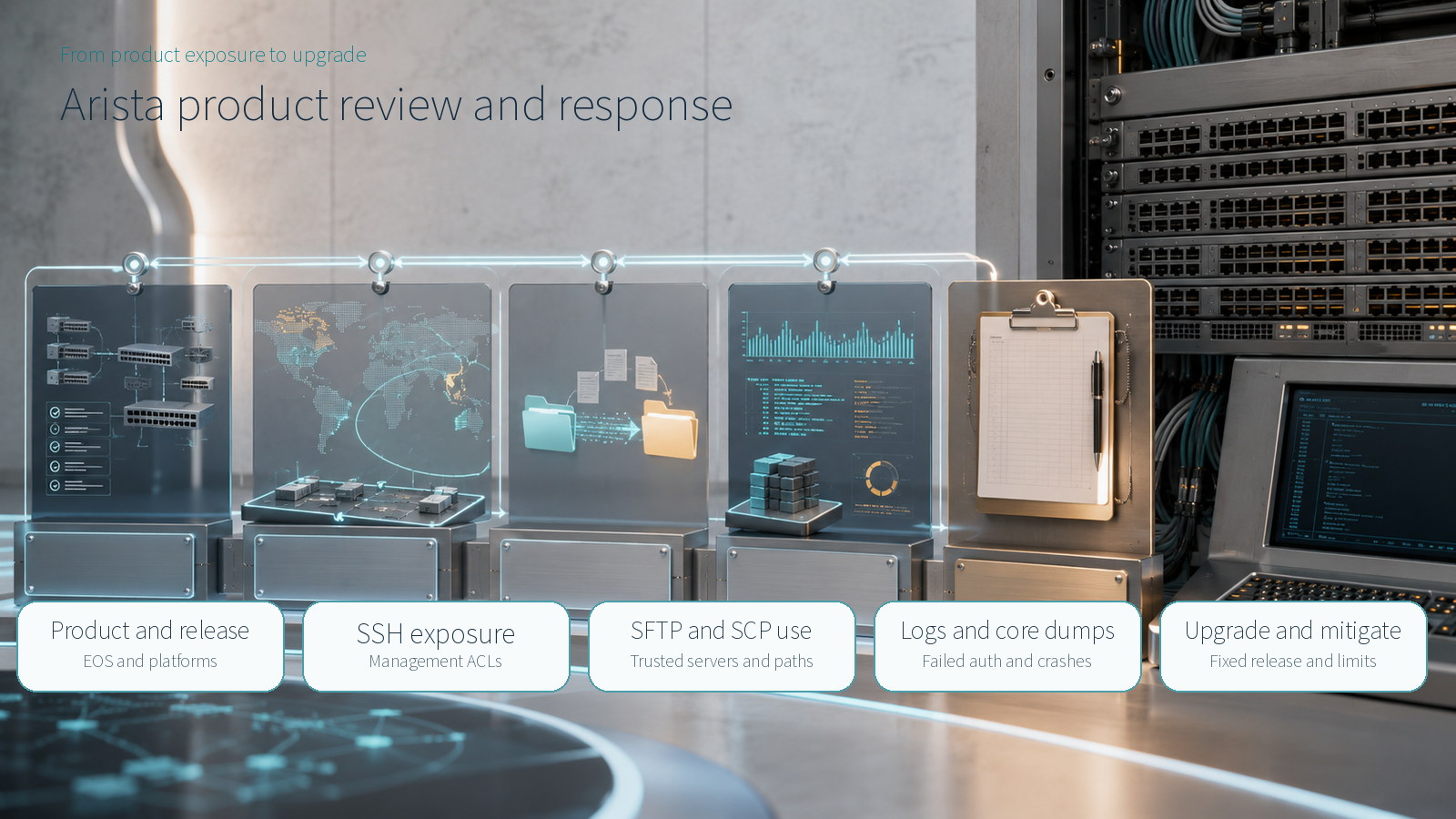 Five-step Arista review from product inventory and SSH exposure through logs and upgrade