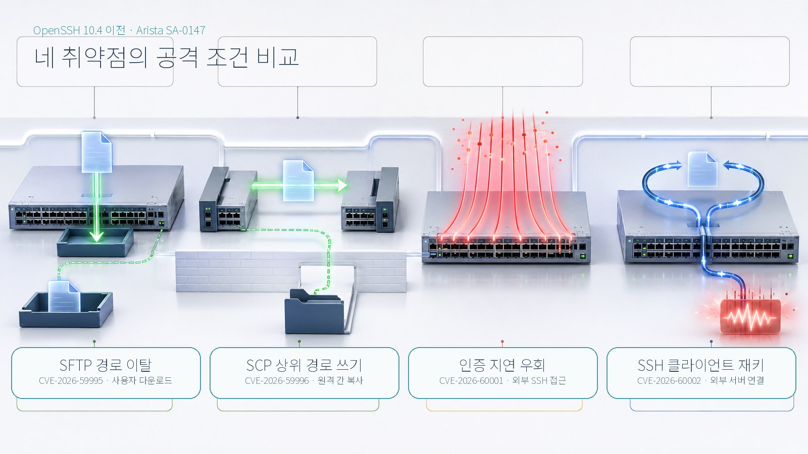 Arista OpenSSH 네 취약점의 SFTP, SCP, SSH 서버, SSH 클라이언트 공격 조건 비교