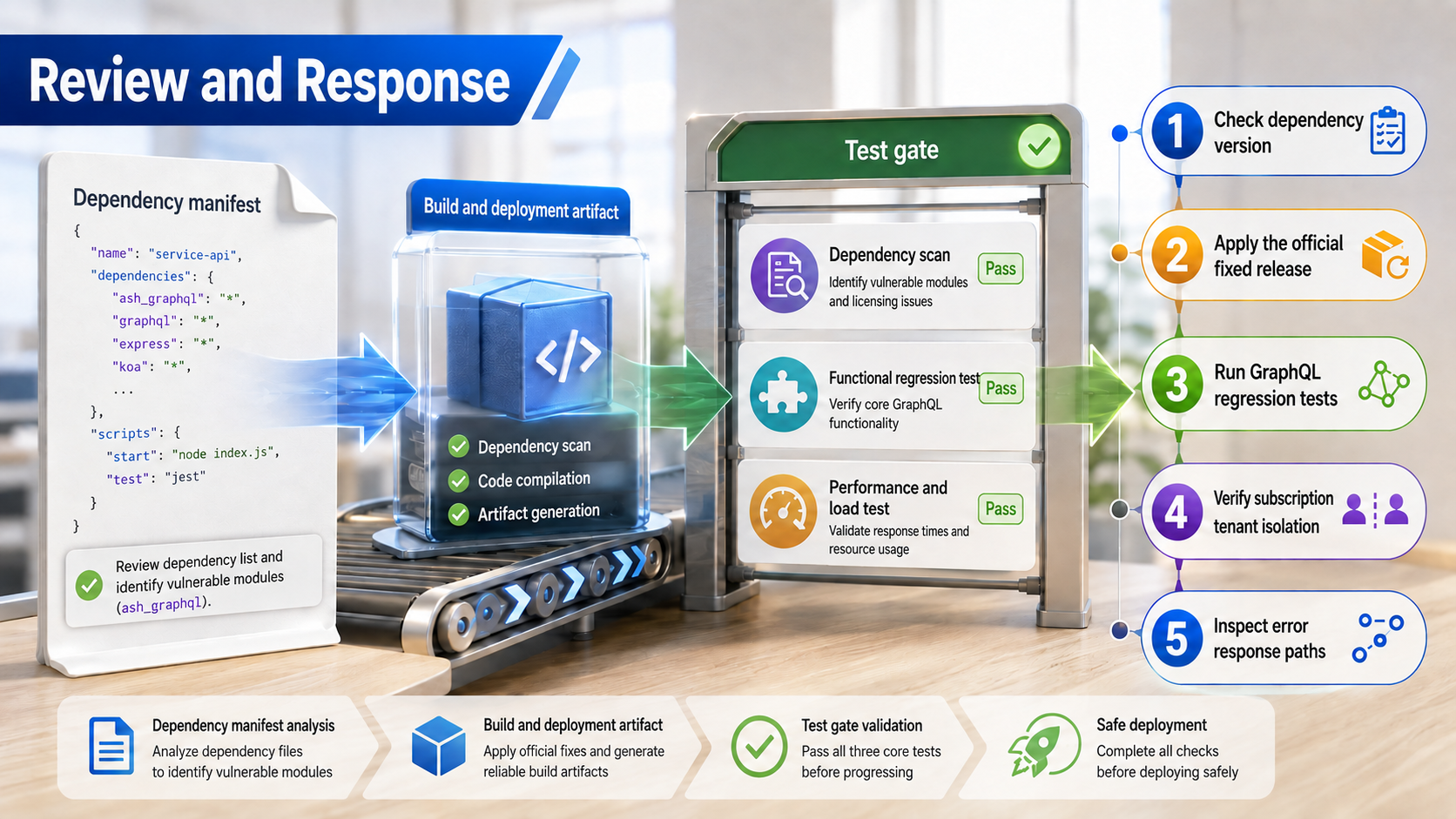 Response sequence from dependency review through GraphQL regression testing