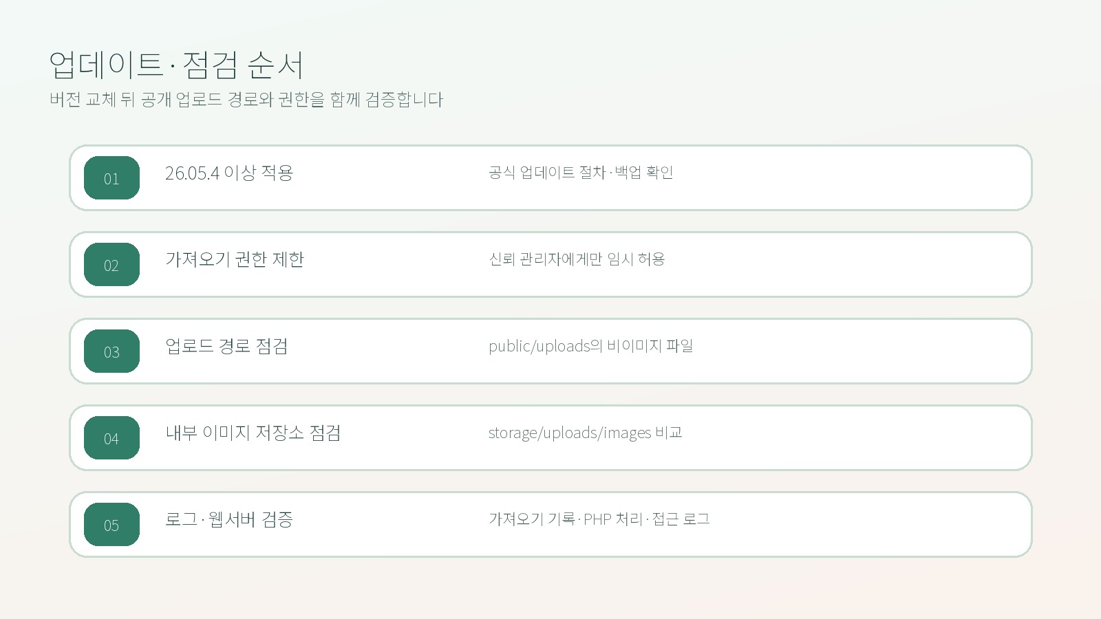 BookStack 26.05.4 업데이트와 가져오기 권한 제한, 공개 업로드 경로 점검을 포함한 5단계