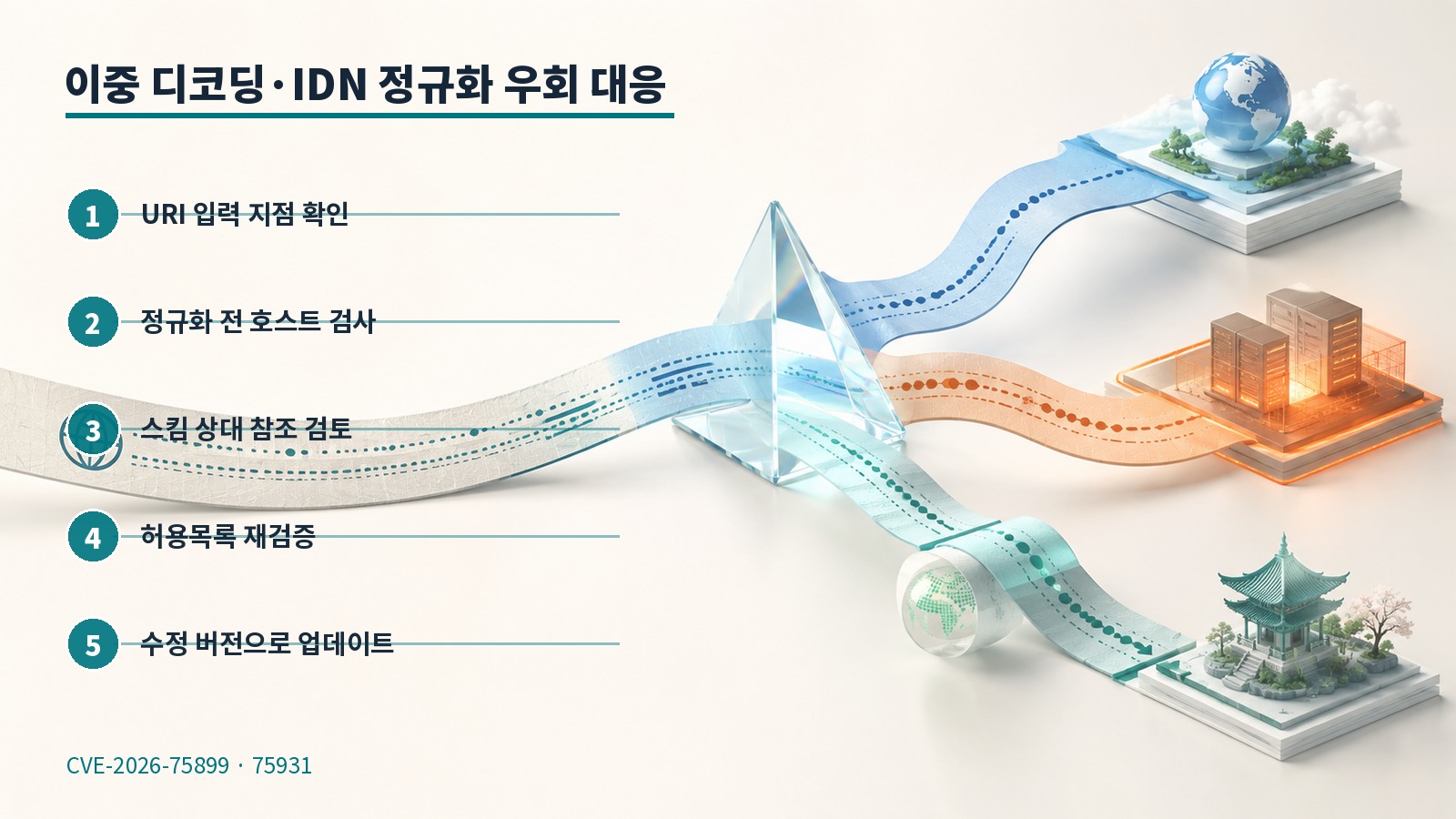 fast-uri URI 정규화에서 검사 호스트와 실제 목적지가 갈라지는 흐름과 점검 순서를 보여주는 한국어 인포그래픽
