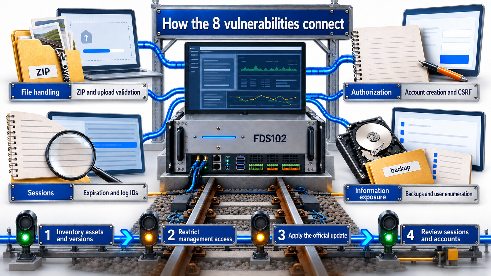 English infographic showing FDS102 vulnerability groups and a four-step response sequence