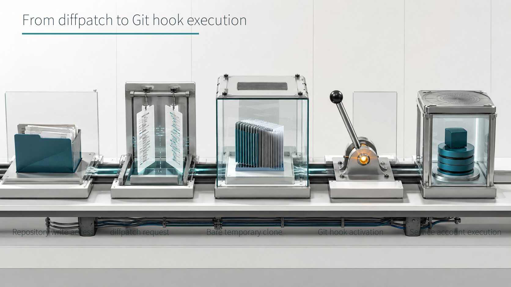 Flow from repository write access through diffpatch, a bare temporary clone, Git hook activation, and service account execution