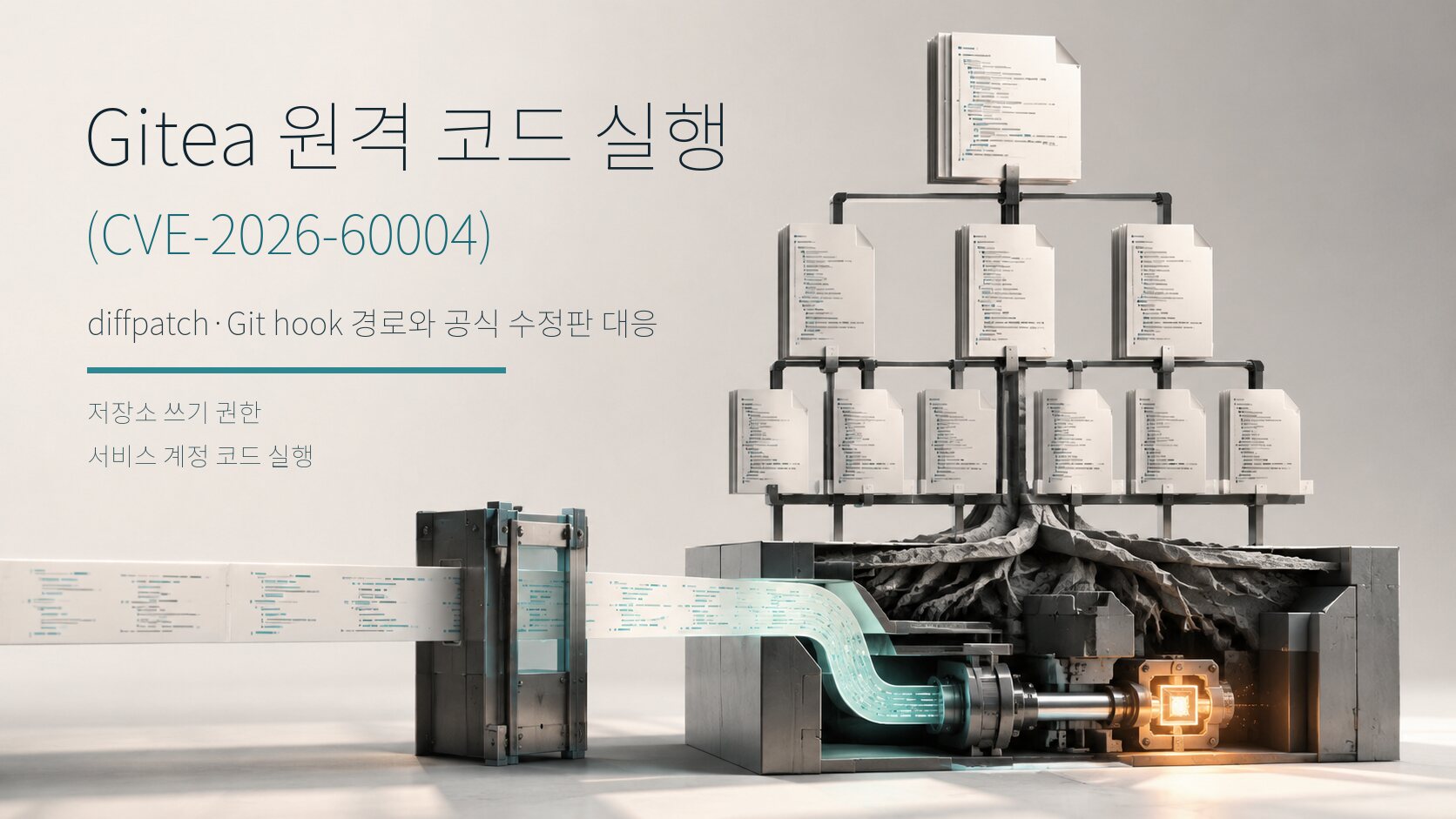Gitea diffpatch 경로와 Git 훅을 보여주는 CVE-2026-60004 표지