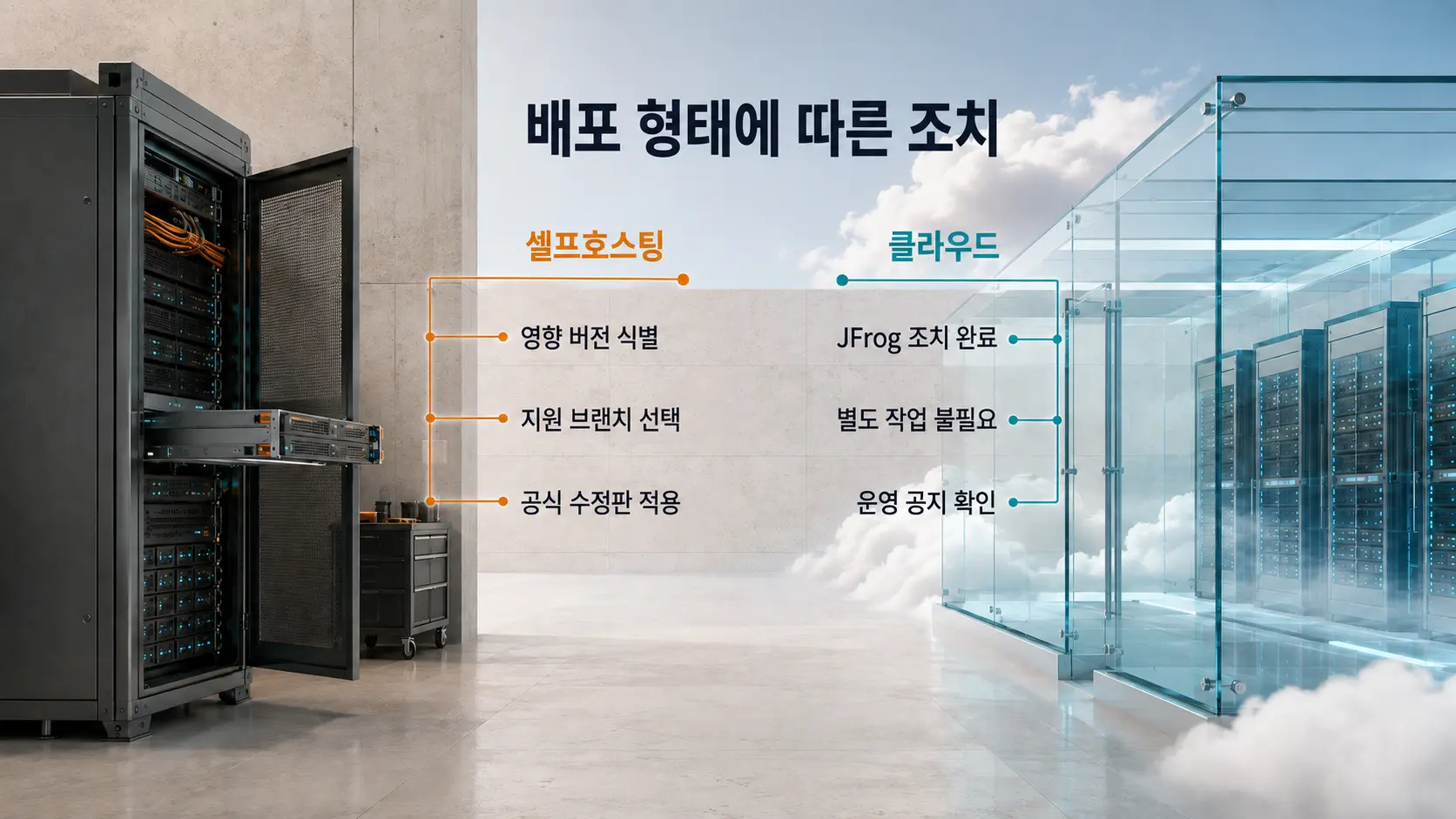셀프호스팅과 클라우드 Artifactory의 조치 차이를 정리한 한국어 비교 이미지