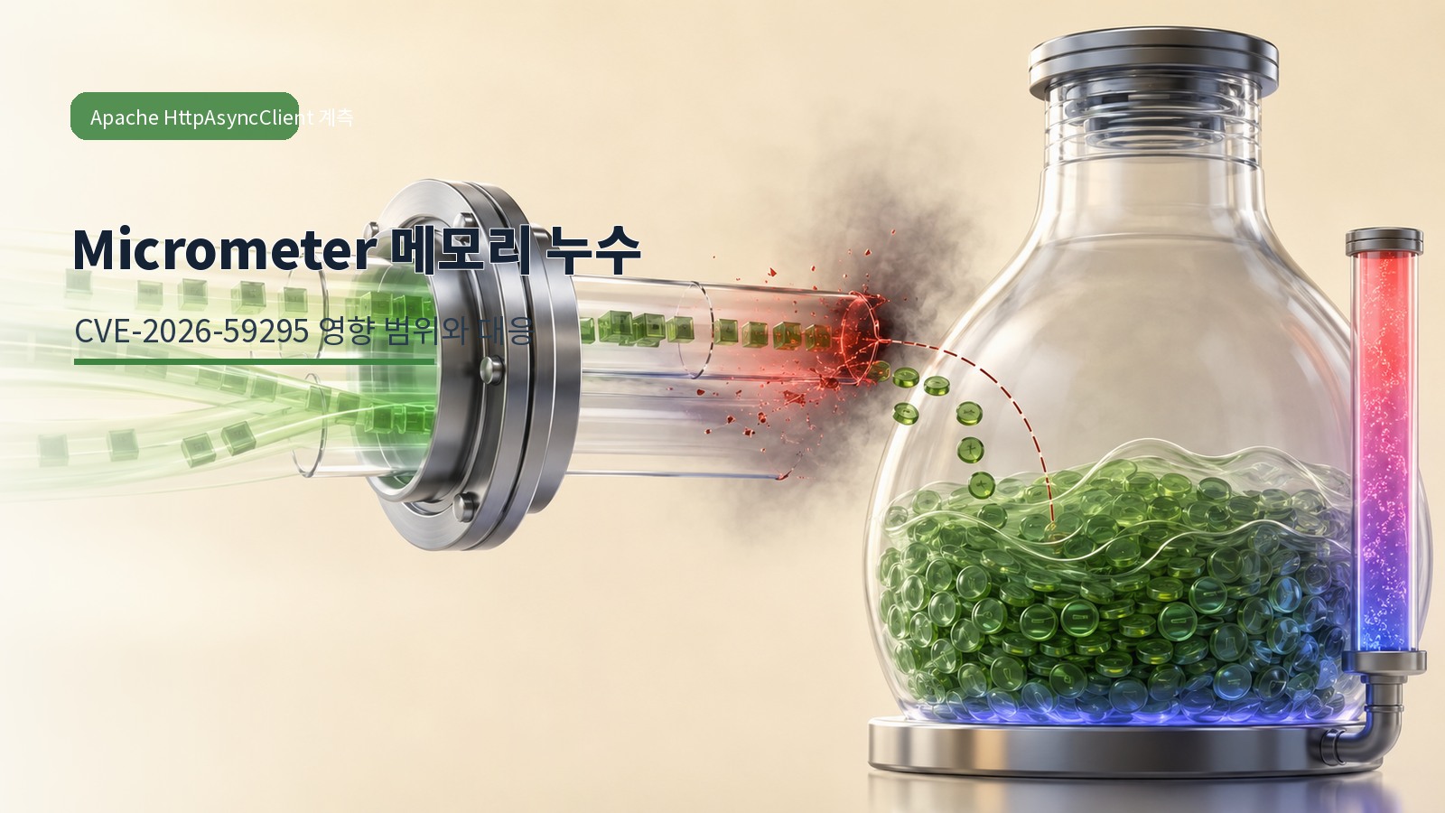 Micrometer 응답 전 실패와 메모리 누수를 표현한 한국어 표지