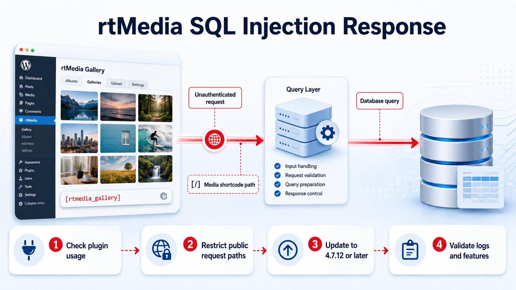 Diagram of the rtMedia request path and a four-step response sequence