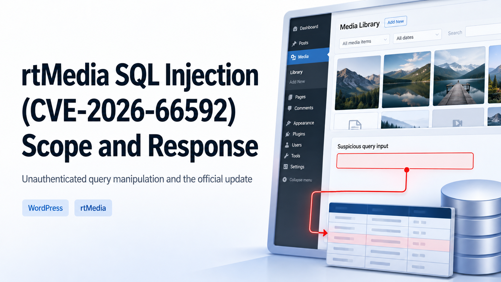 Cover for rtMedia SQL injection CVE-2026-66592 scope and response