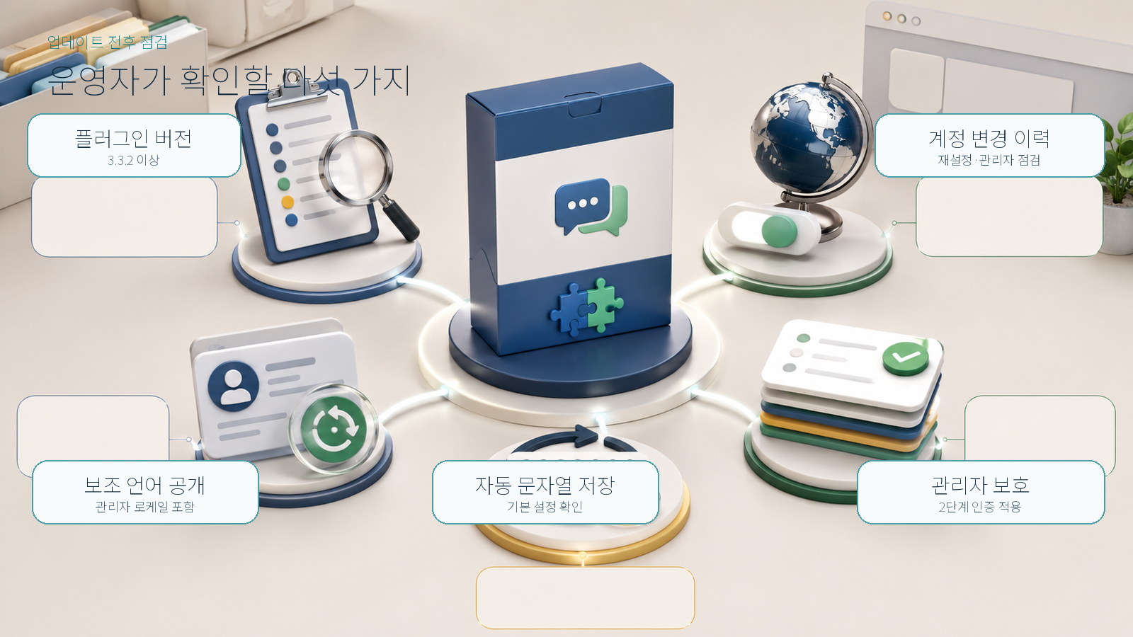 TranslatePress 버전과 보조 언어, 자동 저장, 계정 변경, 2단계 인증 점검 항목