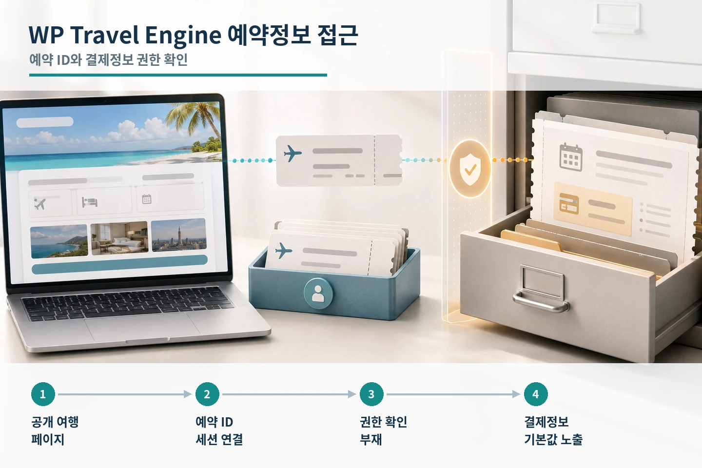 Four-stage WP Travel Engine flow from a public travel page through booking ID session binding and missing authorization to exposed checkout defaults
