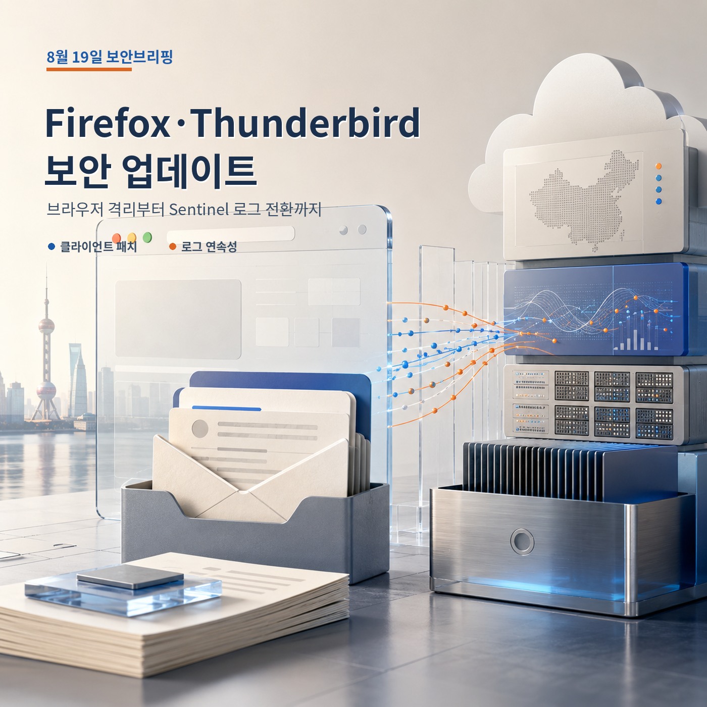 Firefox와 Thunderbird 보안 업데이트, Sentinel 로그 전환을 표현한 8월 19일 보안브리핑 표지