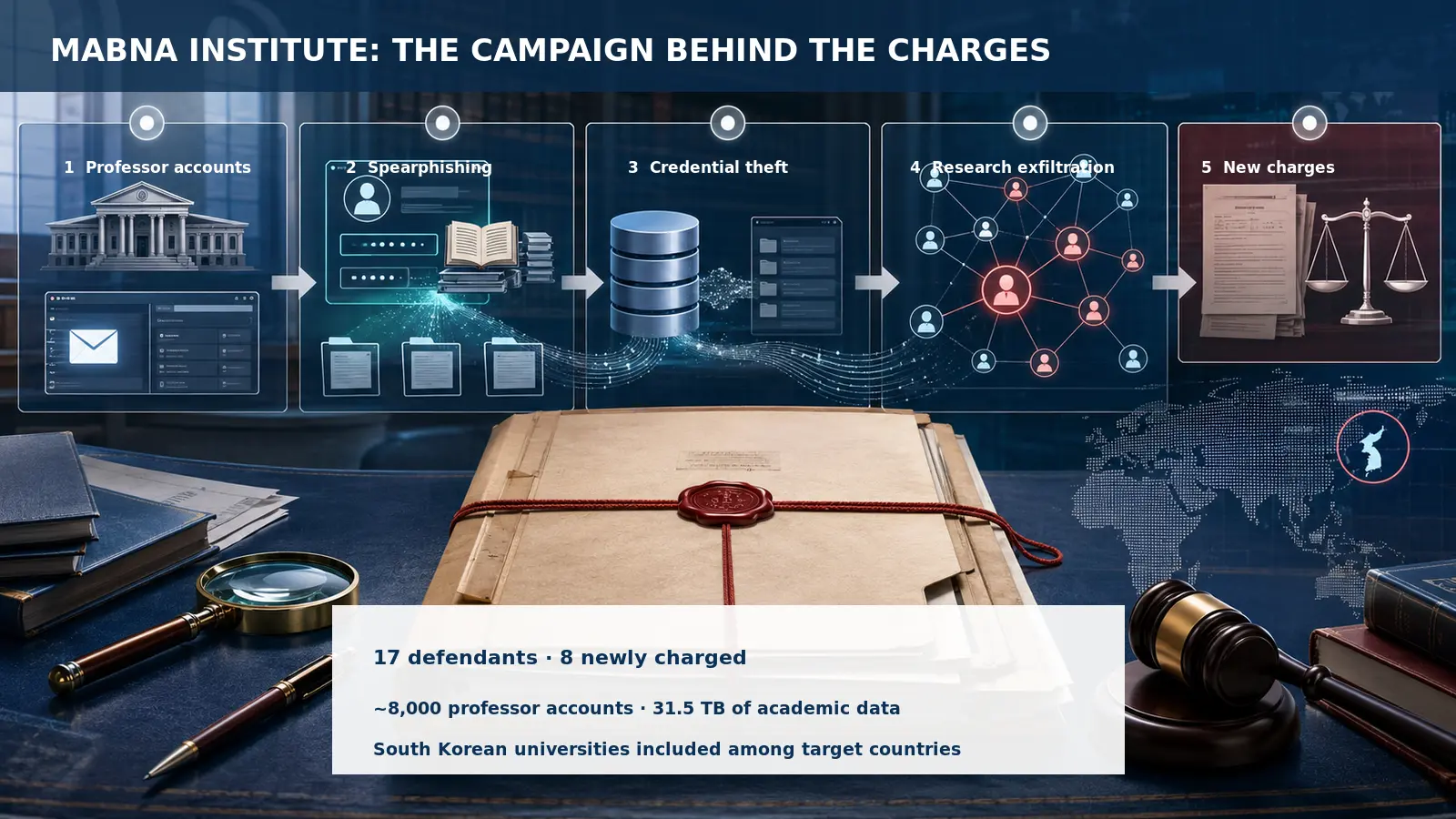 Mabna Institute campaign flow from professor targeting and spearphishing to credential theft, research exfiltration, and expanded charges