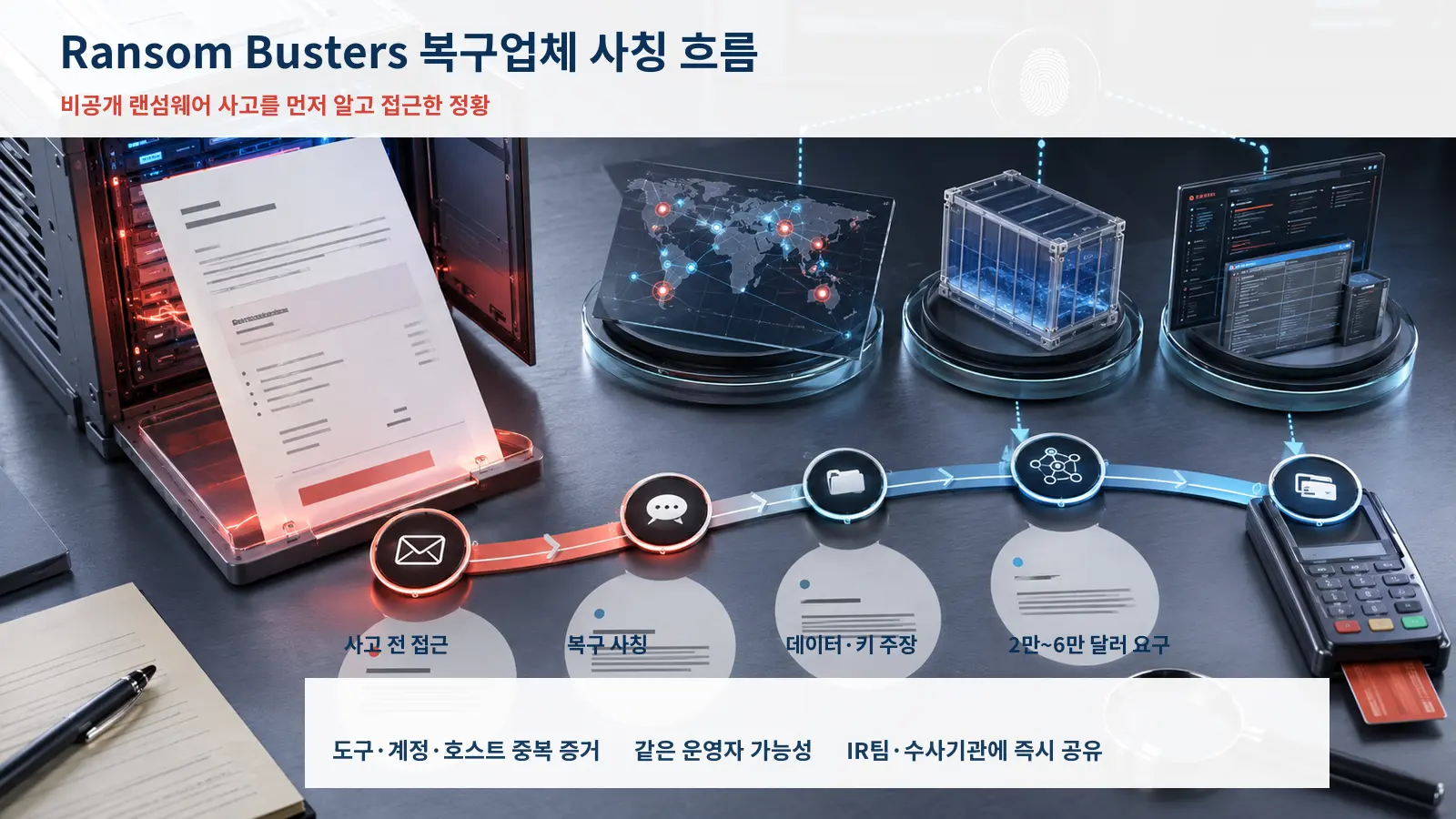 비공개 랜섬웨어 사고에 먼저 접근해 복구를 사칭하고 금액을 요구한 Ransom Busters 흐름