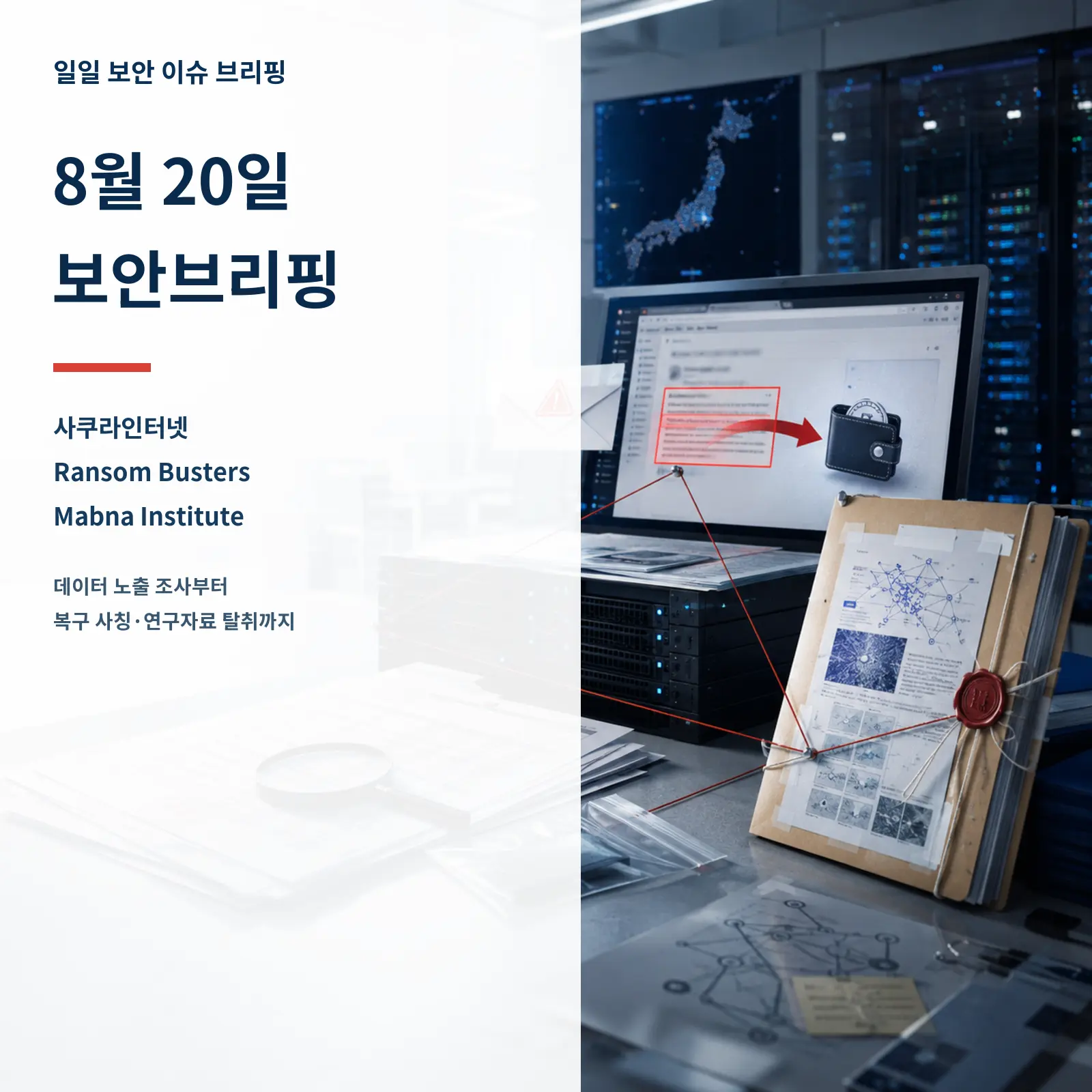사쿠라인터넷 조사, 랜섬웨어 복구 사칭, Mabna Institute 기소를 표현한 8월 20일 보안브리핑 표지