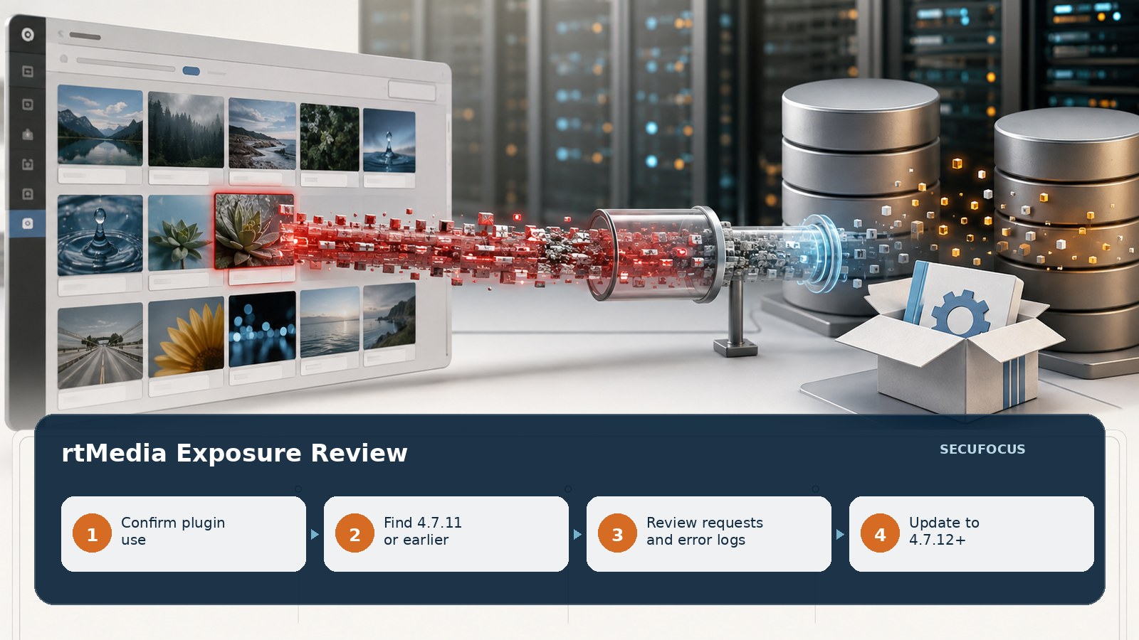 Four-step rtMedia review covering deployment, affected versions, request logs, and update to 4.7.12 or later