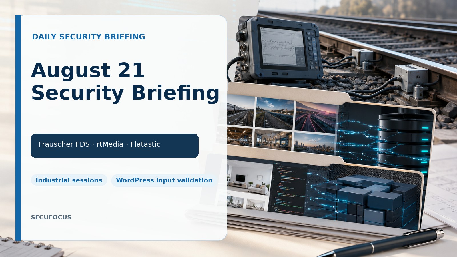 August 21 security briefing cover featuring Frauscher FDS102, rtMedia, and Flatastic