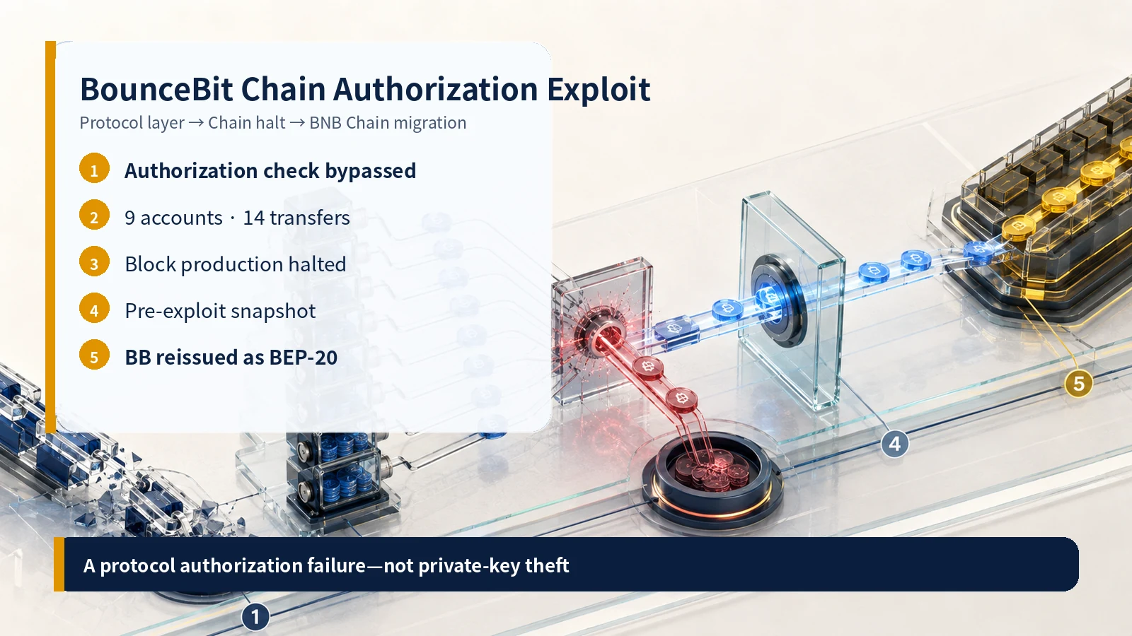 Five-stage flow from the BounceBit authorization exploit to BNB Chain reissuance