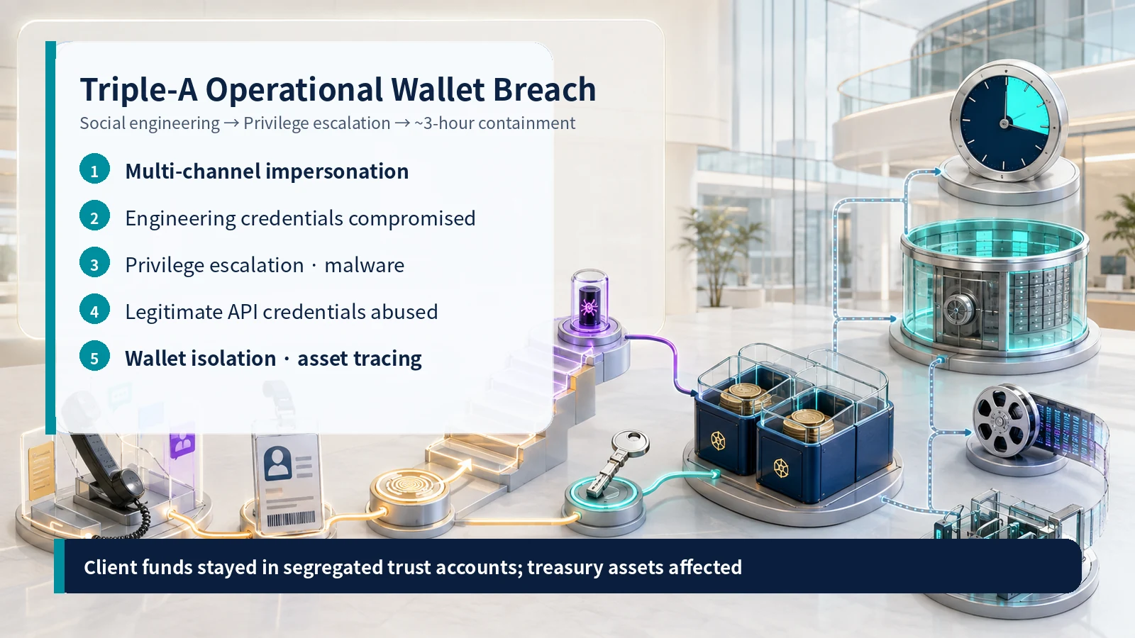 Five-stage Triple-A attack flow from multi-channel social engineering to wallet isolation and tracing
