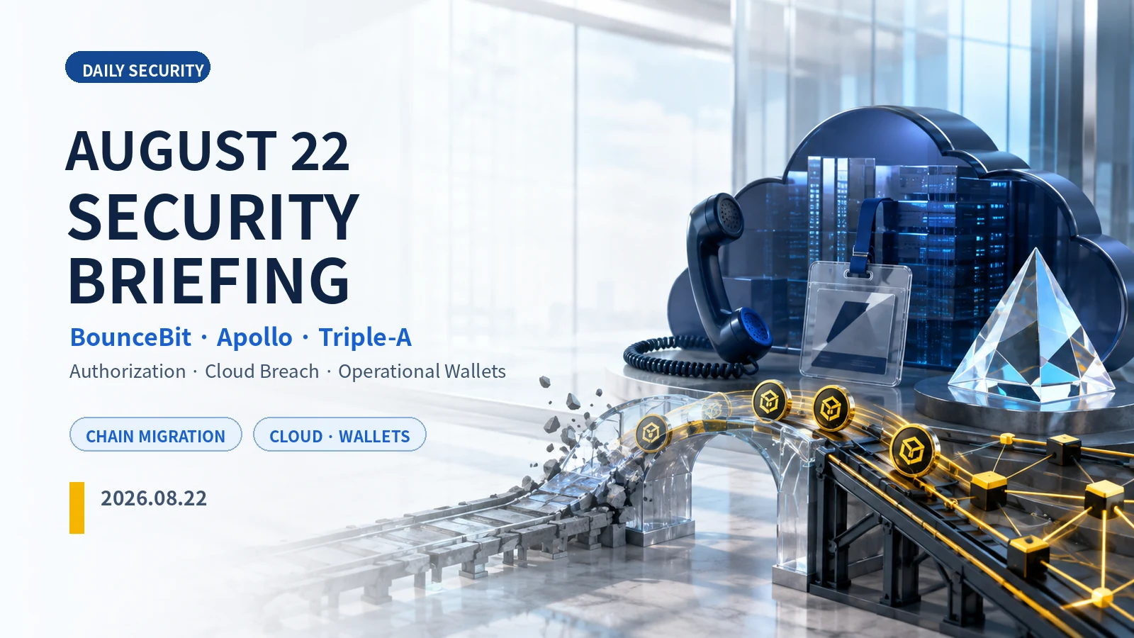 August 22 security briefing cover: BounceBit, Apollo Global, and Triple-A