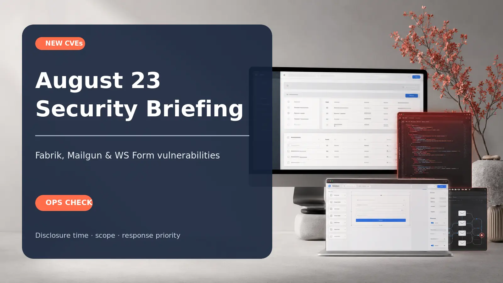 August 23 security briefing cover for Fabrik, Mailgun, and WS Form vulnerabilities