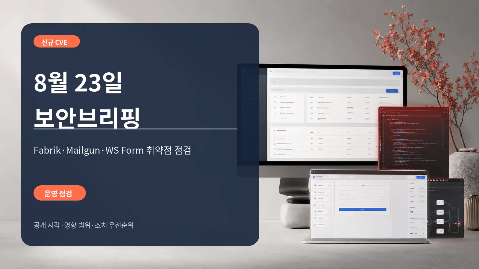 8월 23일 보안브리핑 표지: Fabrik, Mailgun, WS Form 취약점 점검