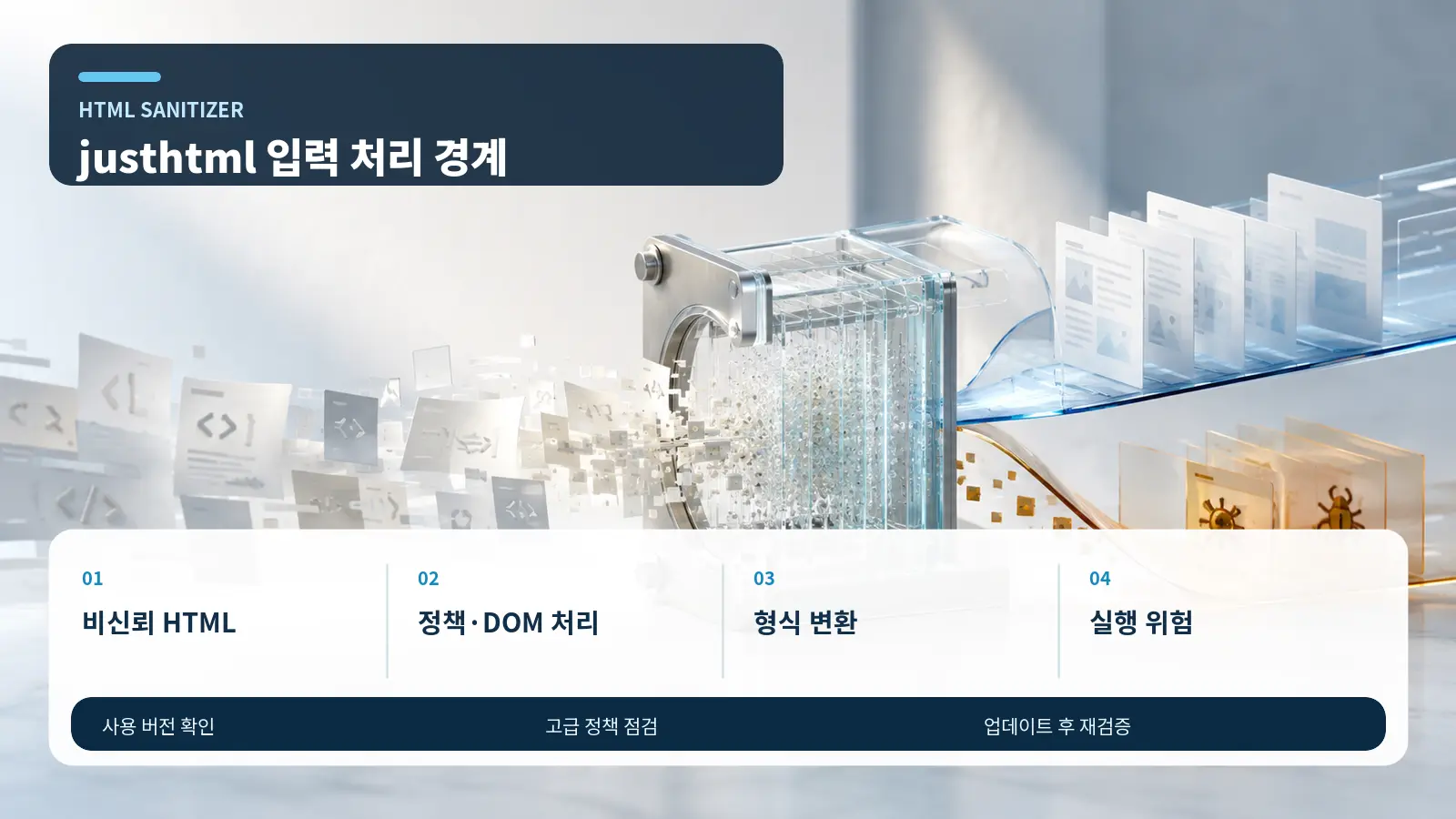 justhtml 비신뢰 HTML 입력부터 정책·DOM 처리, 형식 변환, 실행 위험까지의 점검 흐름